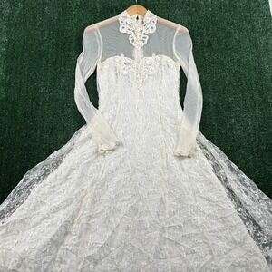 VTG Scott McClintock Wedding Dress Gown Size 8 Ivory Lace Long Sleeve High Neck